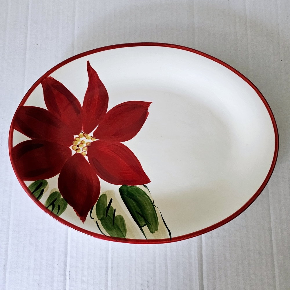 Poinsettia ceramic platter oval christmas servingware 14 X 10.75 Holiday